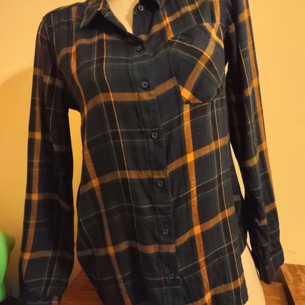 EXCELLENT CONDITION WOMEN LUCKY BRAND NAVY GREEN GOLD COTTON PLAID SHIRT SZ S